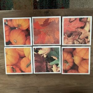 Handmade ceramic tile coaster set of 6. Pumpkins Fall leaves